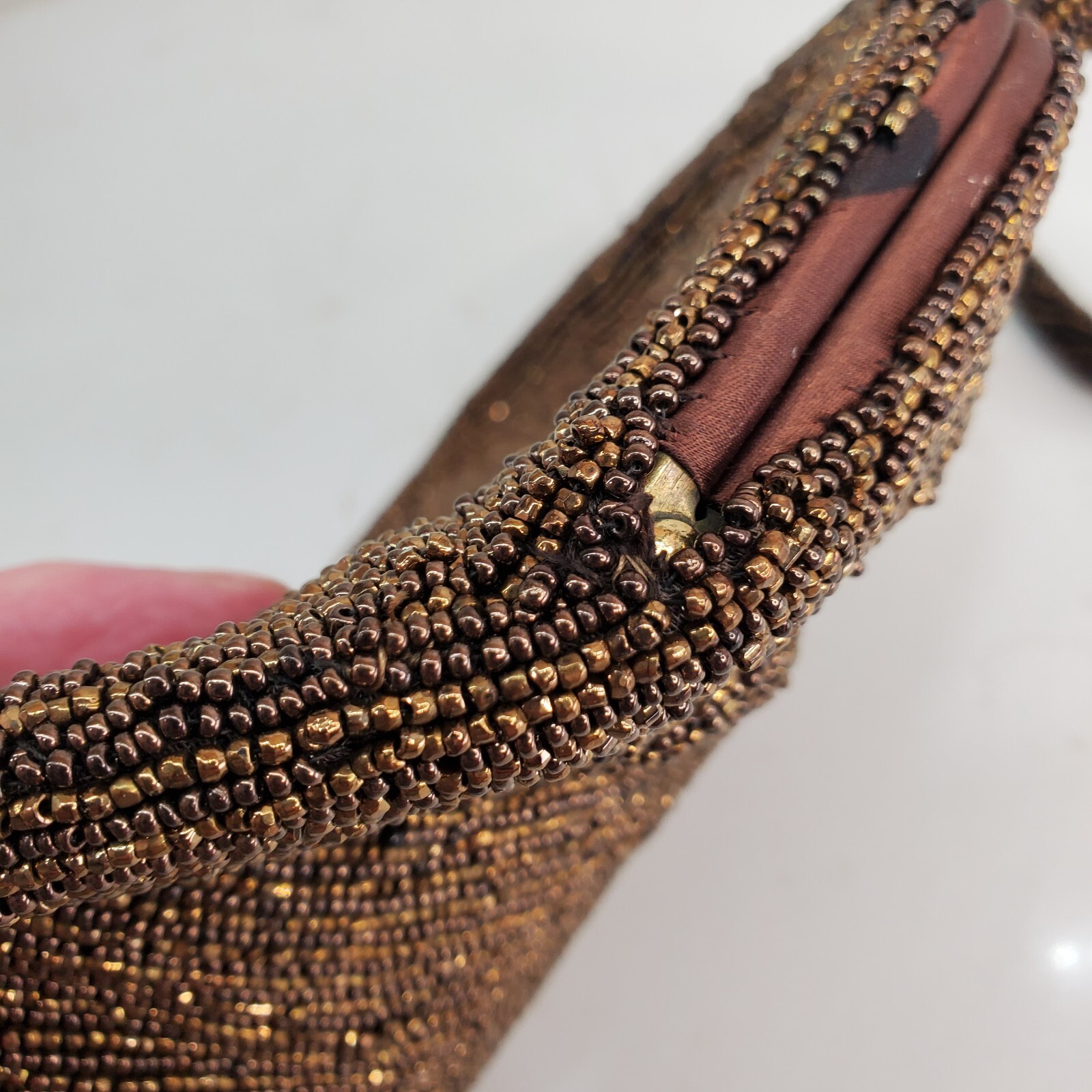 Joseph Horne Pittsburgh Belgium Brown Beaded Evening Bag Handle Twist Top Lock