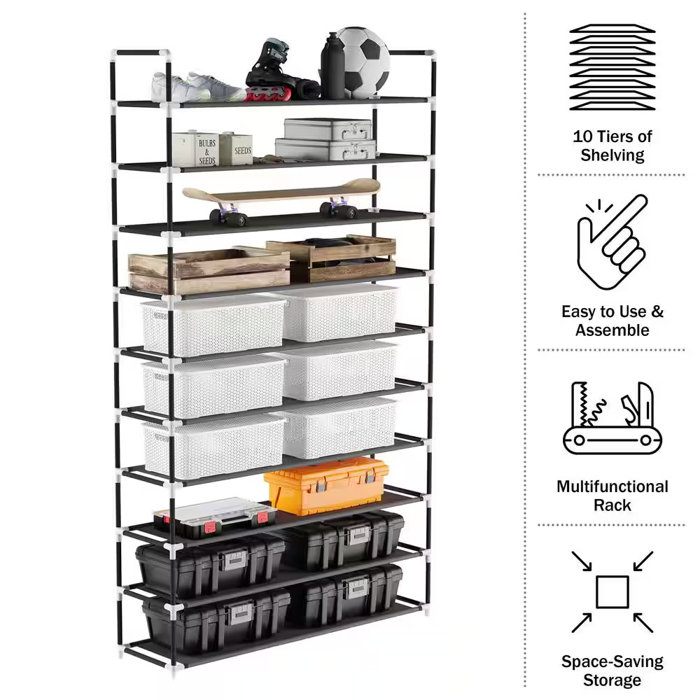 67.75 H 50-Pair 10-Tier Black Polypropylene Shoe Rack