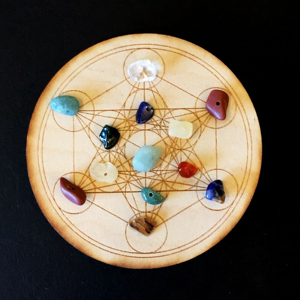Laser engraved 6” Metratrone’s Cube Crystal Grid