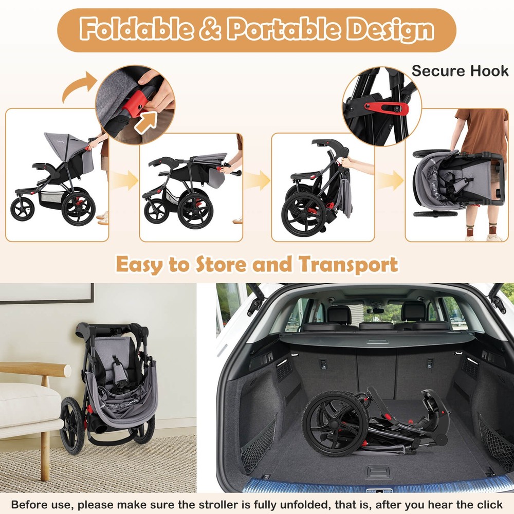 Jogging Stroller Foldable Jogger w/Adjustable Canopy Detachable Tray Cup Holders