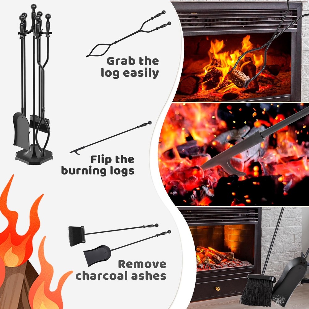 5 Pieces 31In Fireplace Tools Set, Wrought Iron Fireplace Tools with Ergonomi...