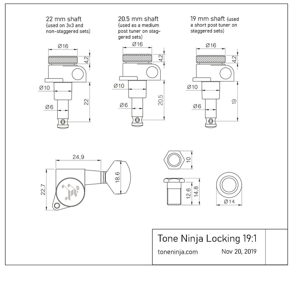 Tone Ninja 20:1 Locking Tuners, 7 String Inline set, Black and Gold