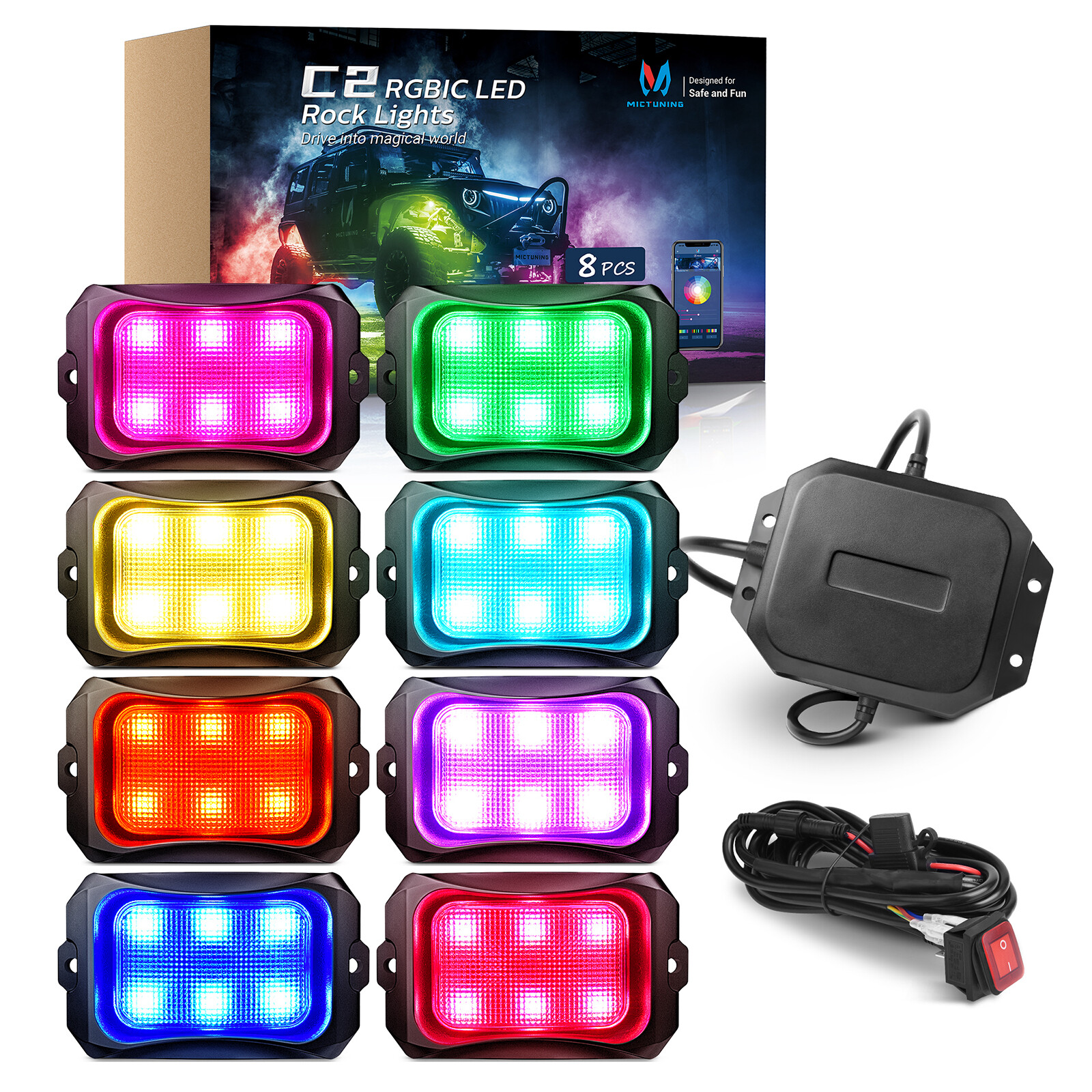 MICTUNING 8 Pods RGB+IC Chasing LED Rock Lights - Underglow Neon Light Kit Truck