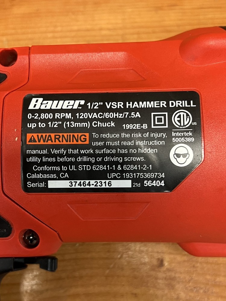 BAUER 7.5 Amp 1/2 in. Variable Speed Hammer Drill/Driver
