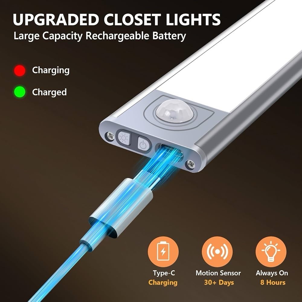4-Pack LED Under Cabinet Lights, Rechargeable Motion Sensor, 3 Color Dimmable