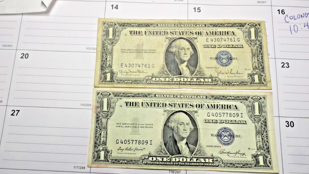 2 1935 SILVER CERTIFICATE DOLLARS E AND D MINTS OLD NICE CONDITION BILLS