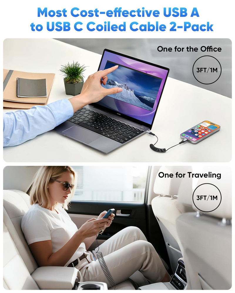 USB a to USB C Coiled Cable 3FT 2-Pack, Coiled USB C Cable for Car Fast Charging