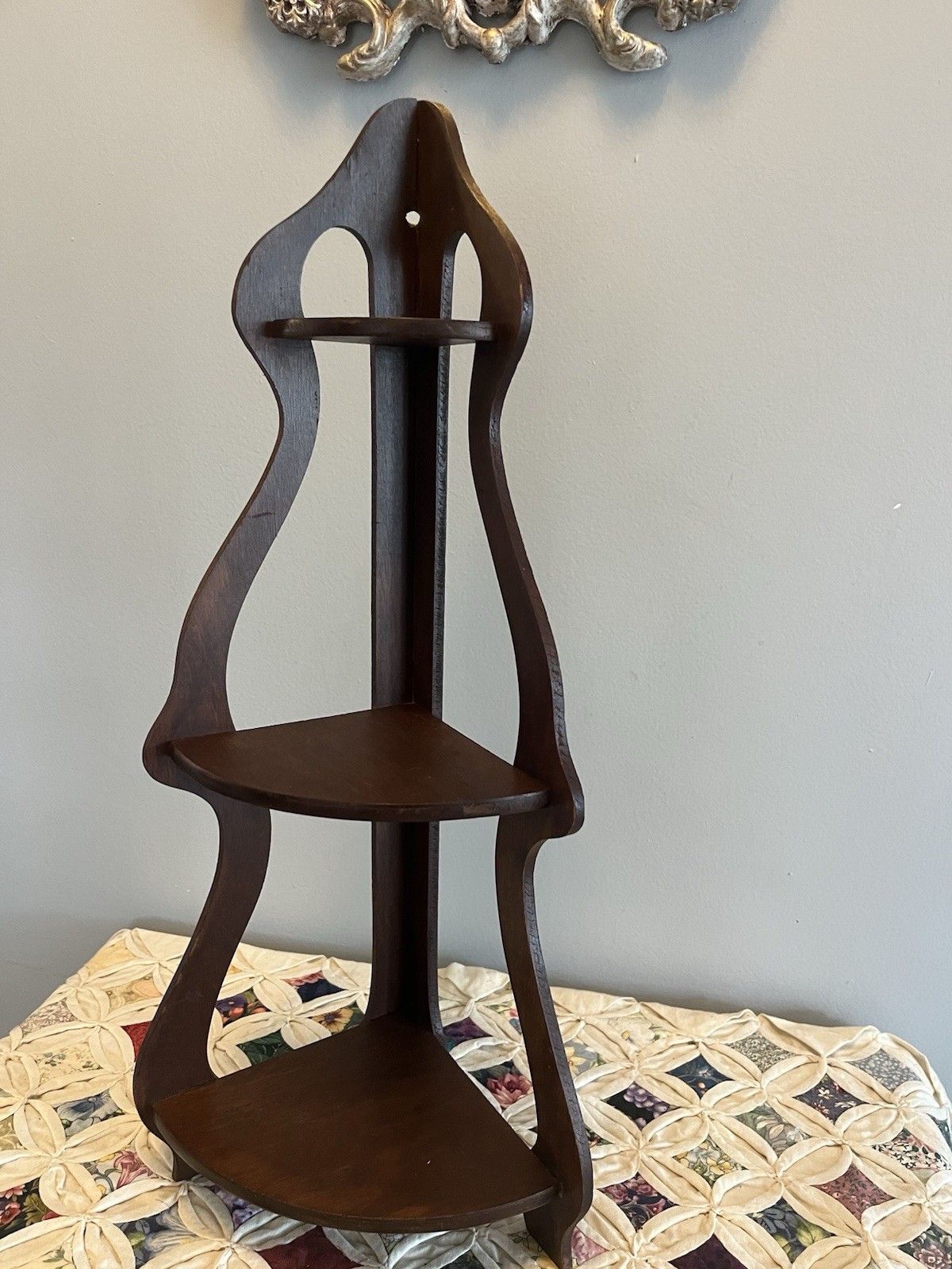 Antique Dark Wood 3 Tier Hanging Corner Shelf 20 Inches Tall