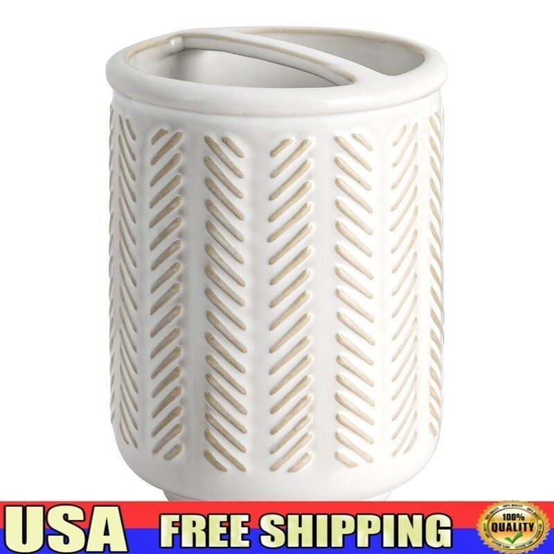 Ceramic Toothbrush Holder Rustic Textured Design Herringbone Bathroom Accessory