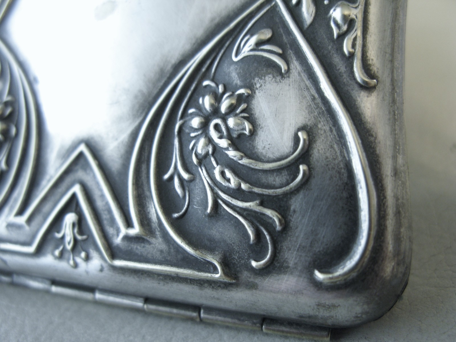 Antique Art Nouveau Silver Floral Card Case Mirror Lipstick Holder Purse Wallet