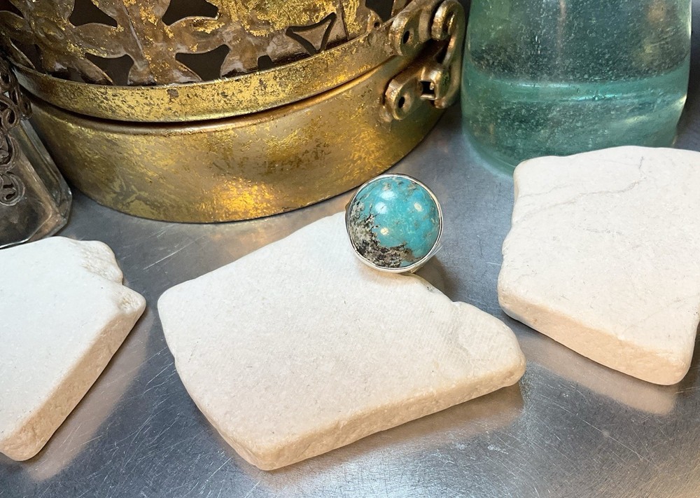 Genuine 925 Sterling Silver Round Turquoise Gemstone Adjustable Ring Size 8