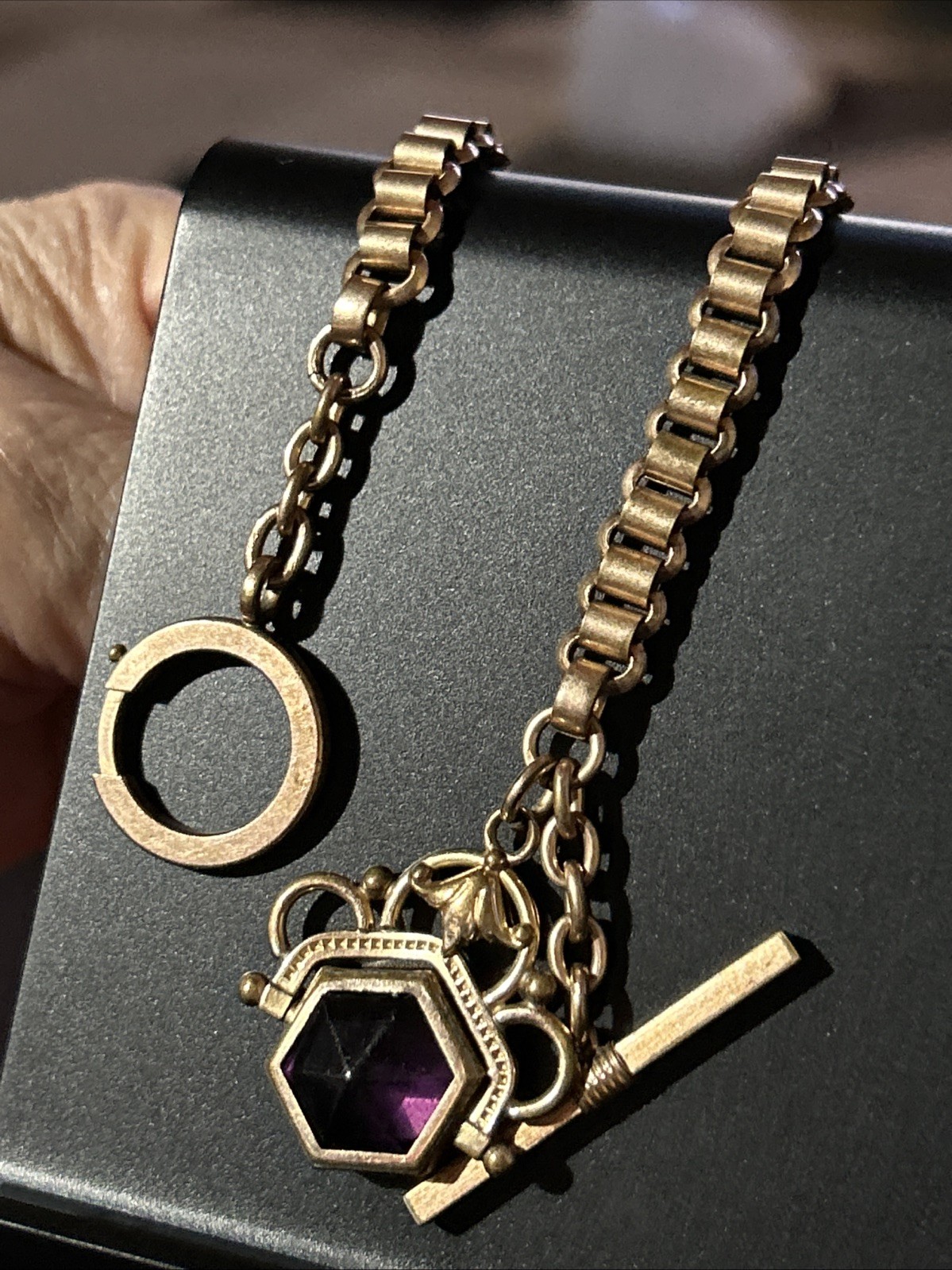 Victorian Rose Gold Fill Purple Watch Fob Spinner Book Link Chain Large Ring