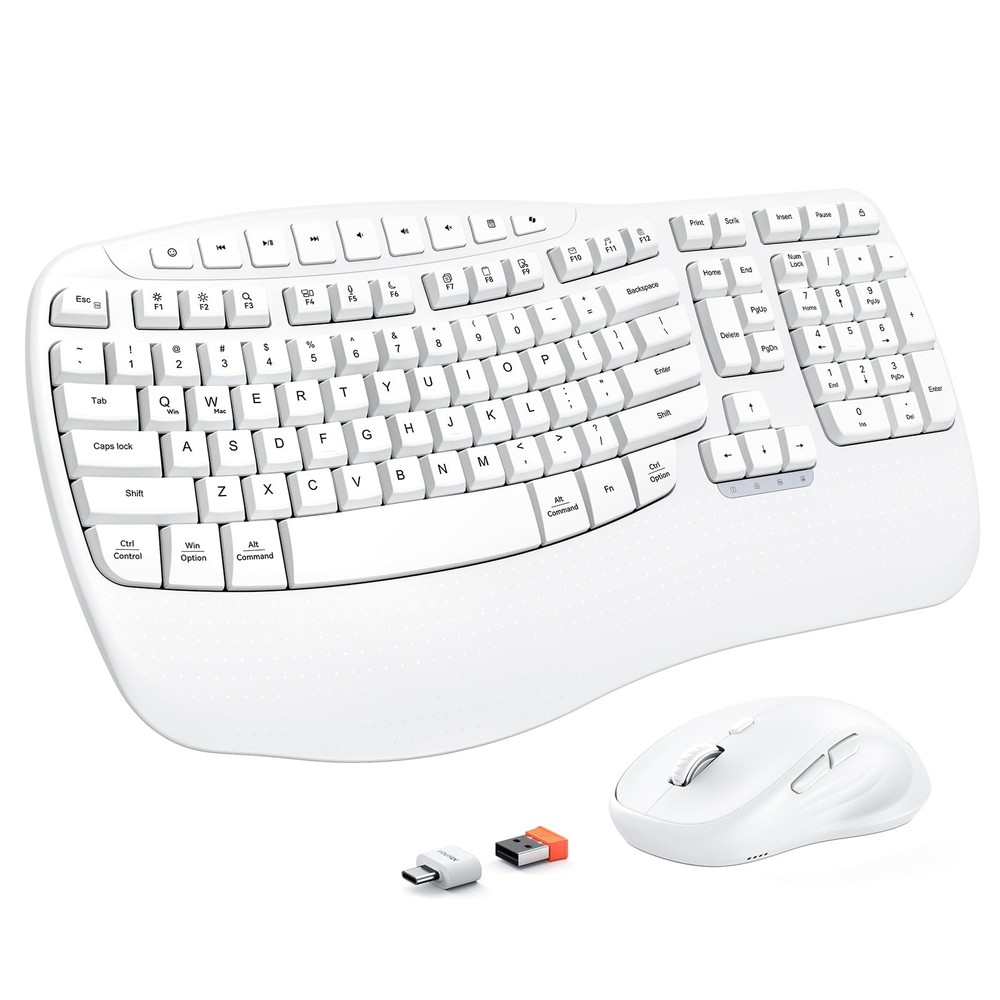 Ergonomic Keyboard and Mouse Wireless Combo Wave Keys Wrist Rest White