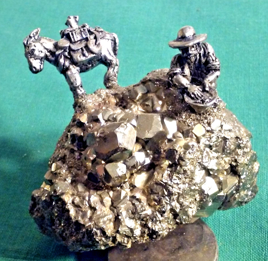 Pewter Gold Miner & Donkey Figure Panning on Pyrite Fool’s Gold Cluster Vintage