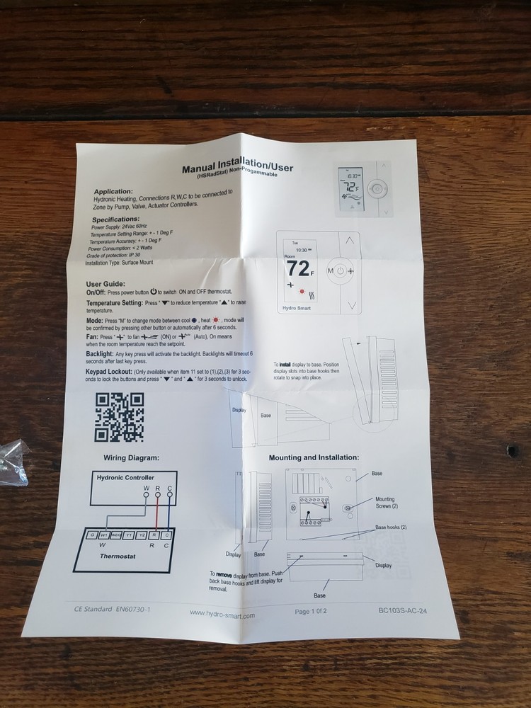 Hydro Smart Radiant Thermostat Non-programmable NEW - OPEN BOX
