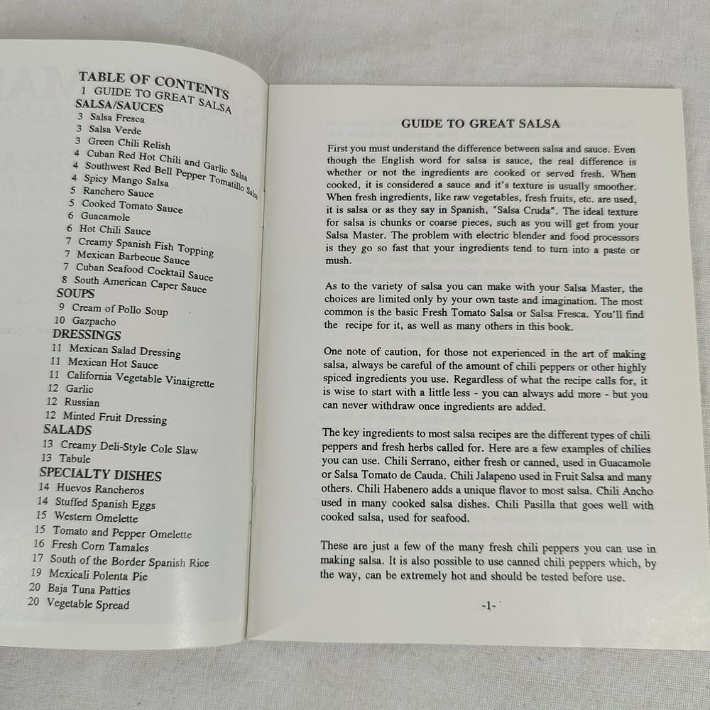 Salsa Master Salsa Maker Guide Recipe Book Booklet - Food Chopper & Processor