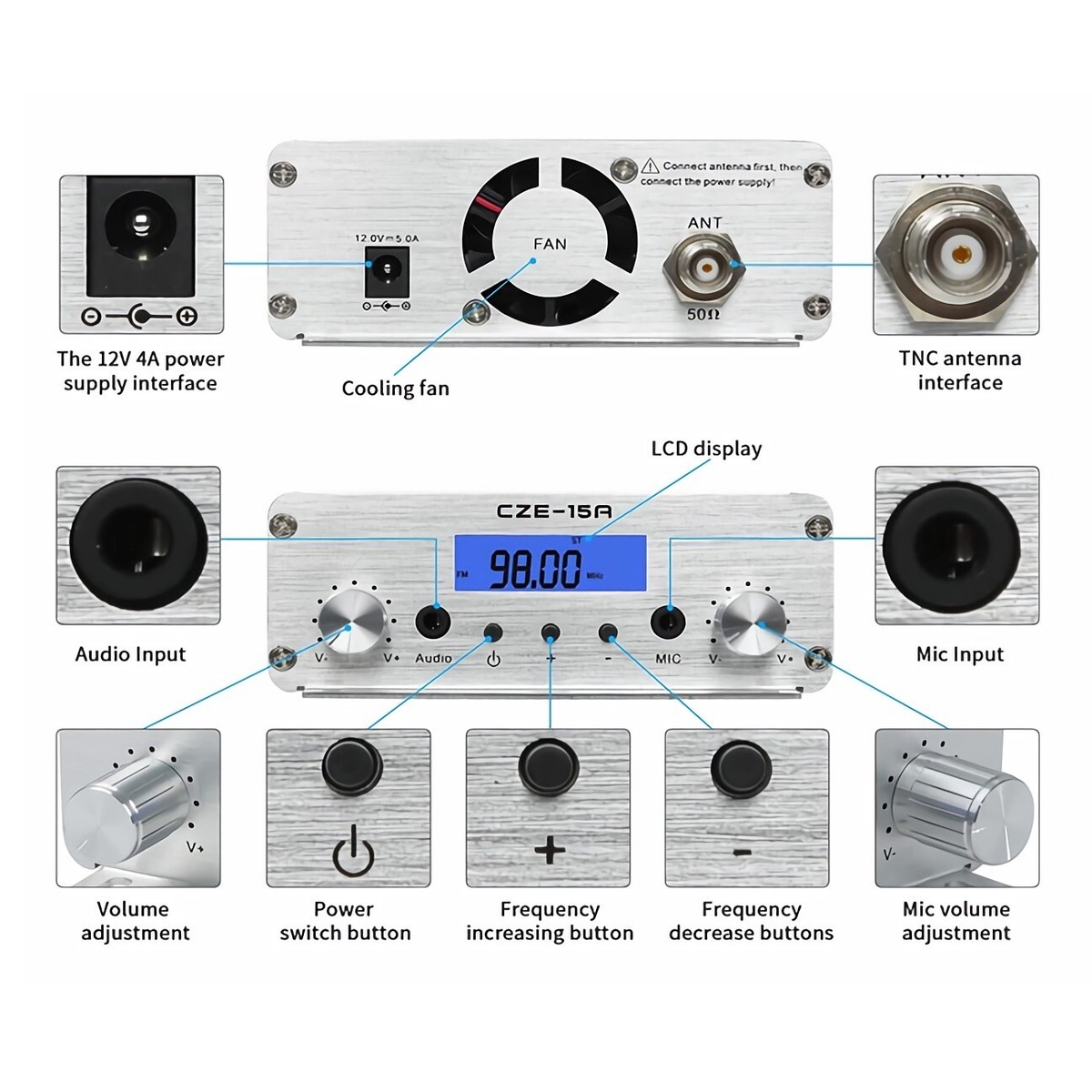 CZE-15A 15w/3w FM Transmitter Radio Broadcast 1/4 wave GP aluminum Antenna kit