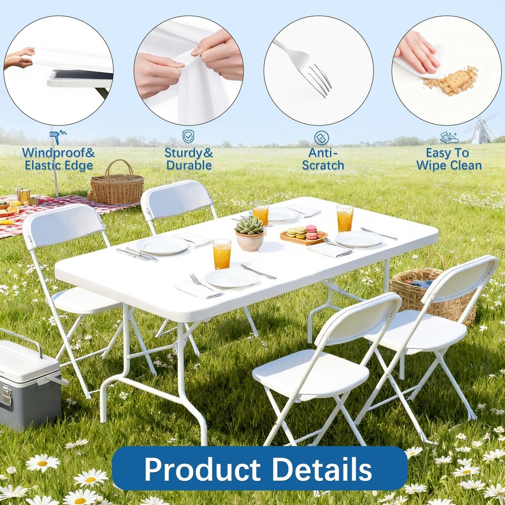 6FT Picnic White Spandex Table Cloth - 6 Pack Fitted Rectangle Tablecloth for...