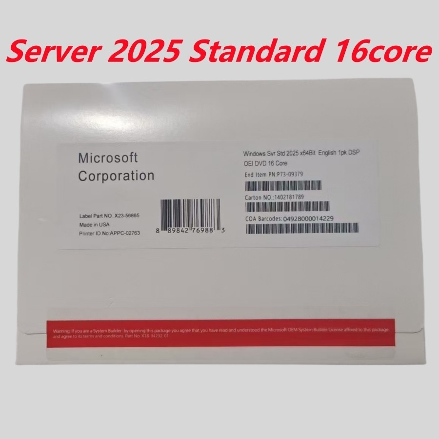 Microsoft Windows Server 2025 Standard DVD Kit Media With Key 16-Core 1PK