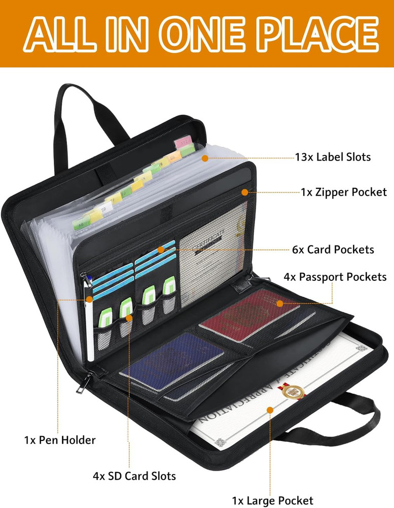 Fireproof Document Organizer Accordion File Folder with Zipper 13 Pockets