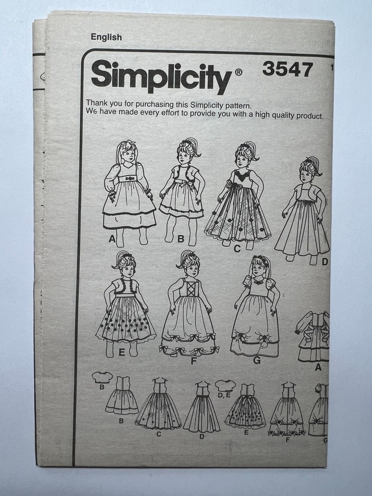 Simplicity Sewing Pattern 3547 18" Doll Clothes FF UNCUT