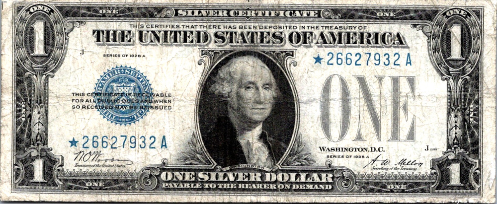 1928a $1 Silver Certificate "FUNNYBACK" (Star Note) Fr. 1601* VF