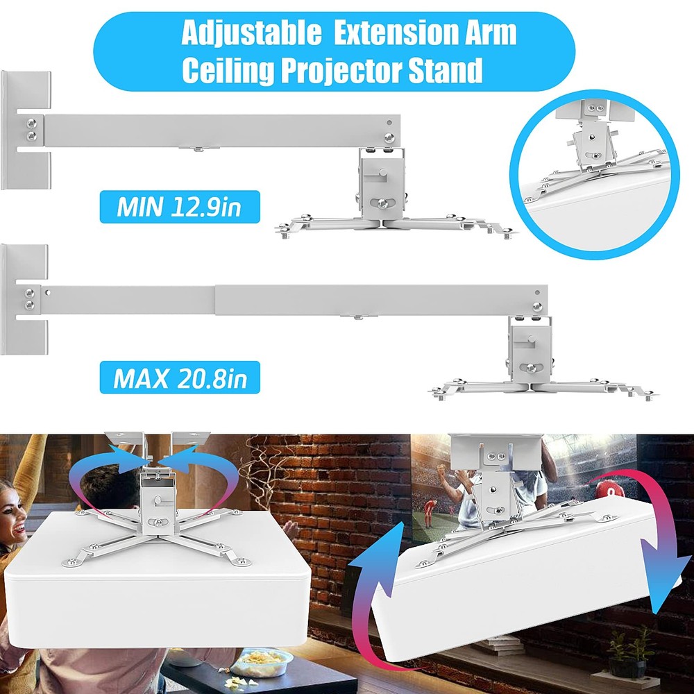 White Projector Mount, Extending Wall Ceiling, Height Adjustable, 44 lbs Load