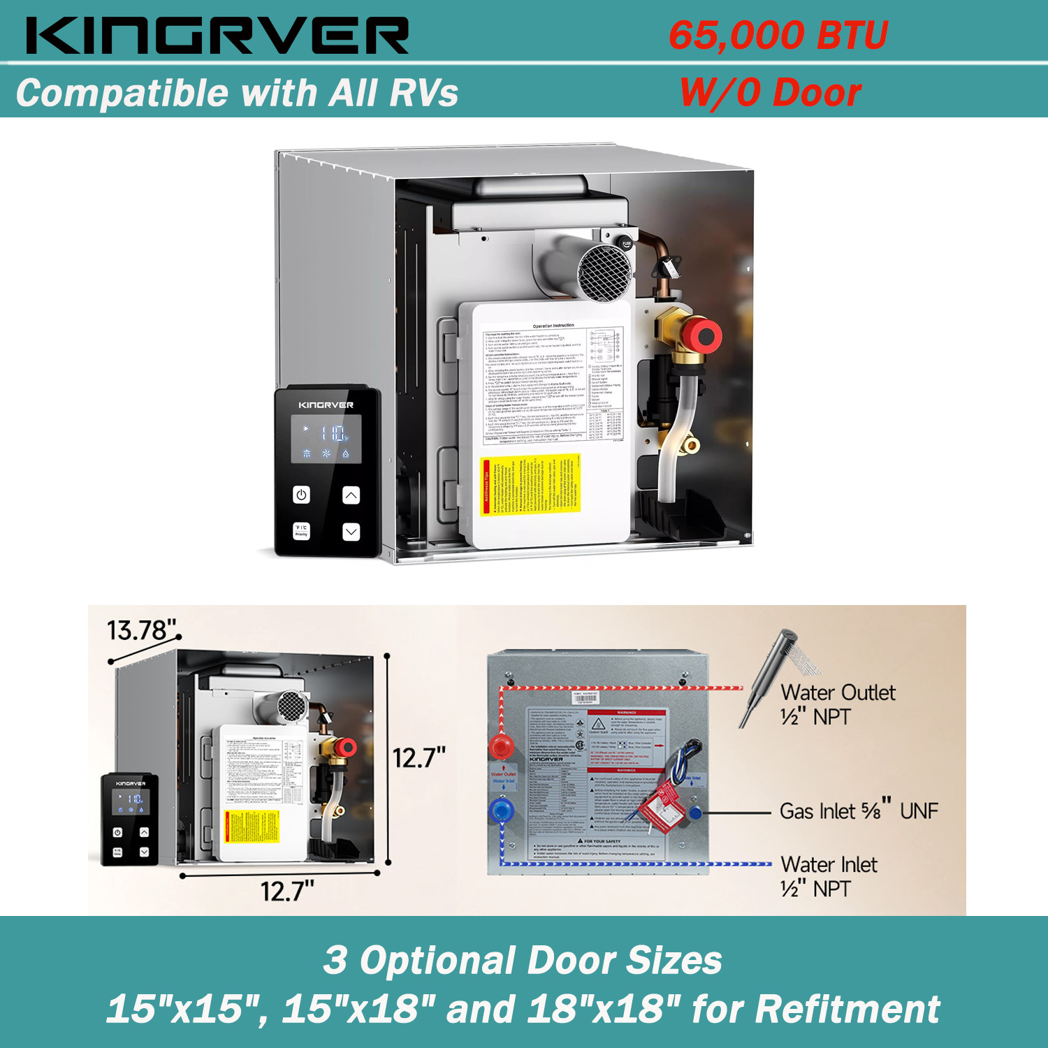 65,000 BTU RV Tankless Water Heater W/0 Door Camper Water Heater Wired Control