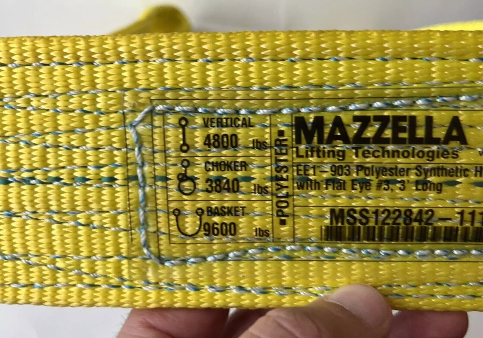 Mazzella EE1-903 x 3’ Polyester Synthetic Web Sling 3" Wide 3’ Long Flat Eye New