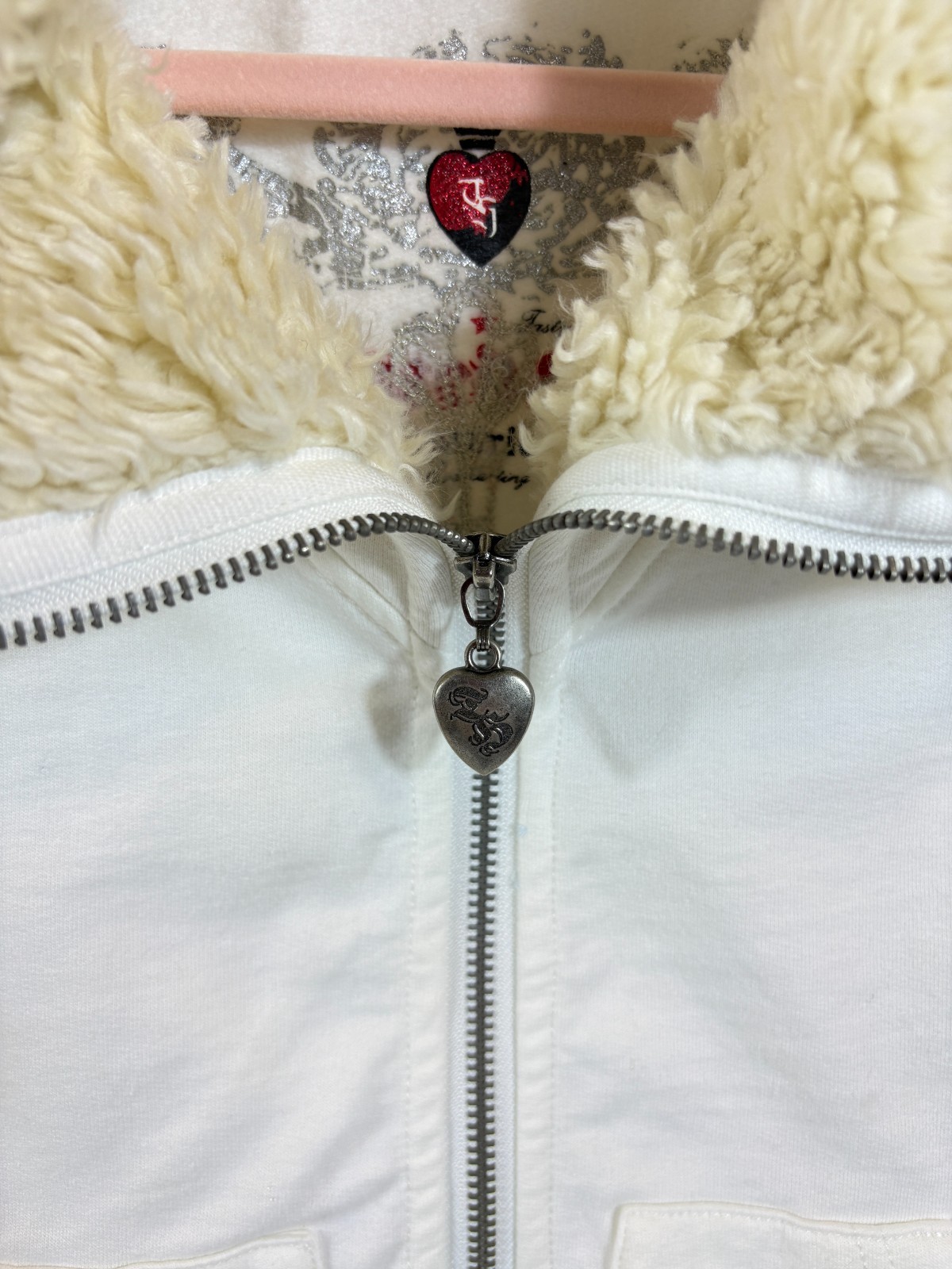 TWISTED HEART BEADED HEART Embroidered Zip Up Faux Fur Trim Hoodie Sz XS NWT