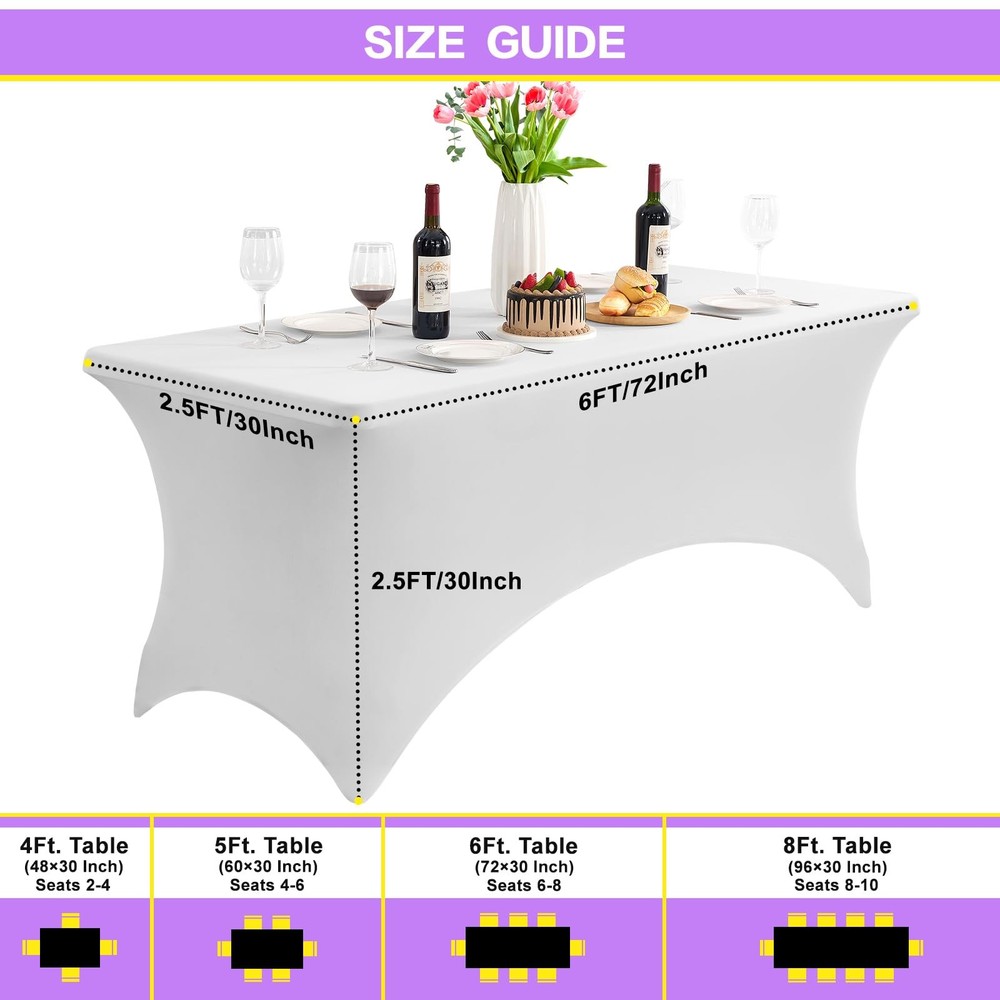 6FT Stretch Tablecloth 2 Pack, Rectangular Spandex Cover, White Party