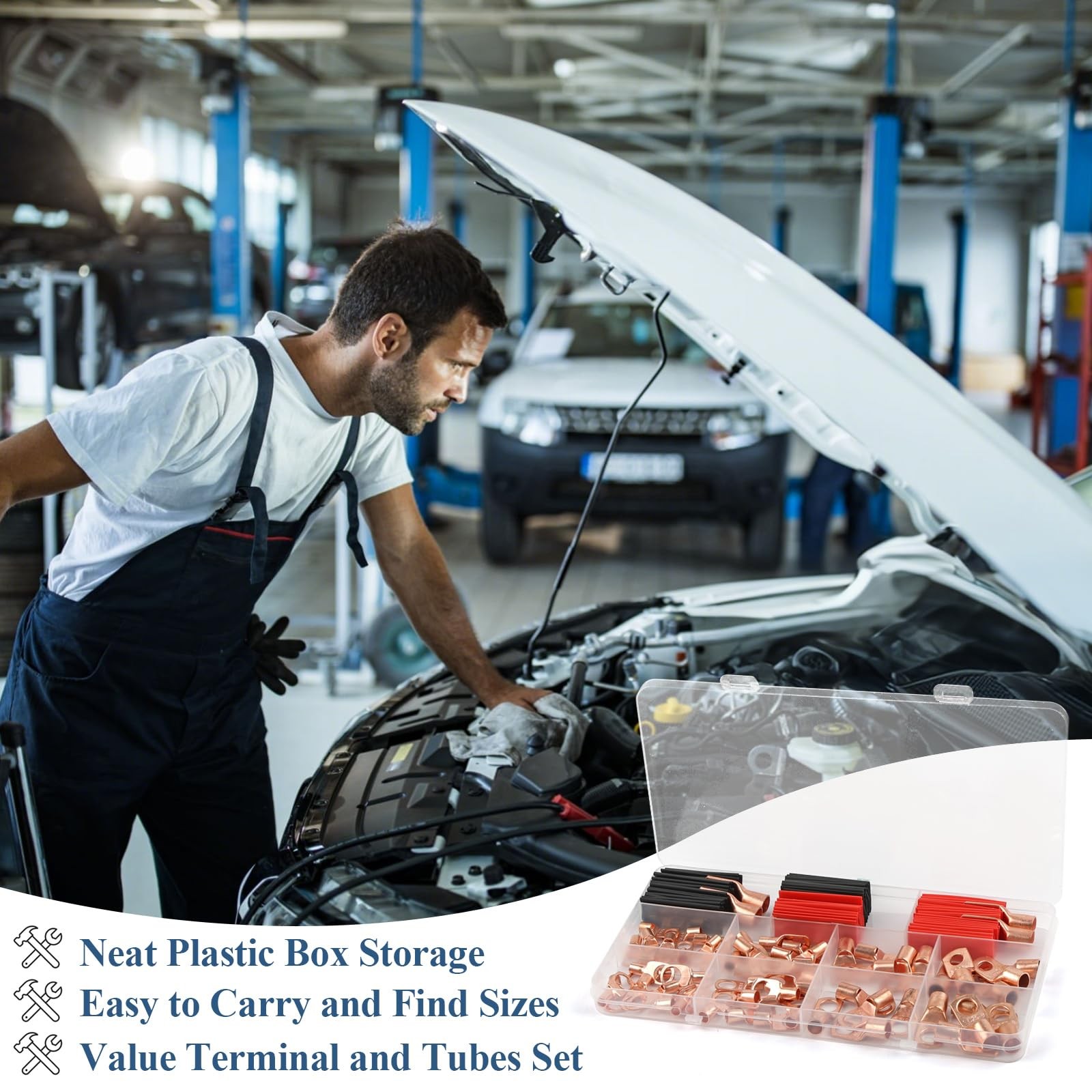 Copper Wire Lugs 130Pcs, AWG 2 4 6 8 10 12 Gauge Battery Cable Ends with 66Pc...