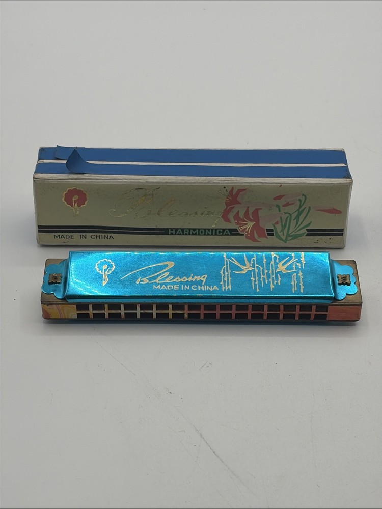 Vintage Harmonica BLESSING BIRDS ETCHED UNIQUE Blue
