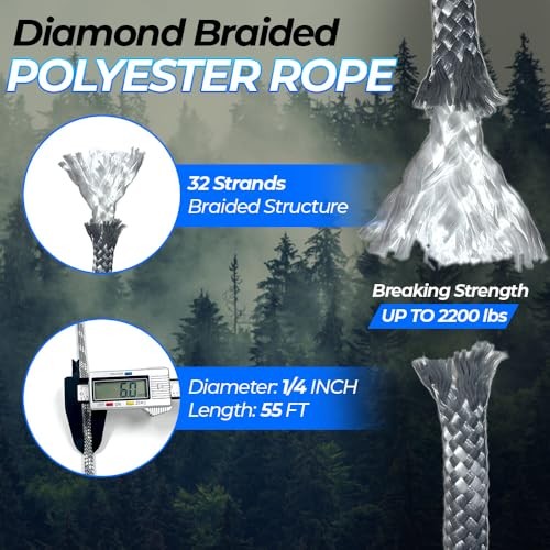 Heavy Duty Polyester Double Braided Rope, 1/4in X 55FT Gray - With Loop