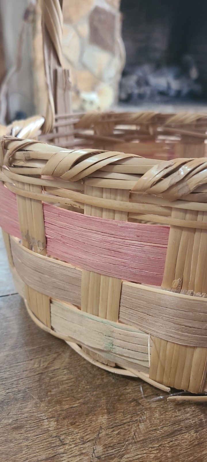 Vintage Woven Easter Basket Pink Band Handle Mexico Round Large 11.5 X 13