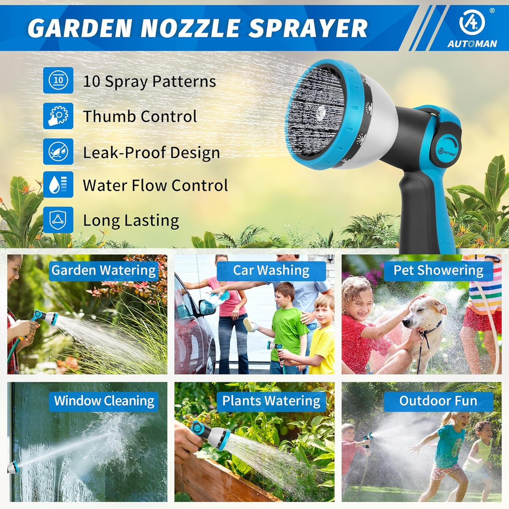 Garden Hose Nozzle - 10 Adjustable Spray Patterns, Thumb Flow Control Hose Spray