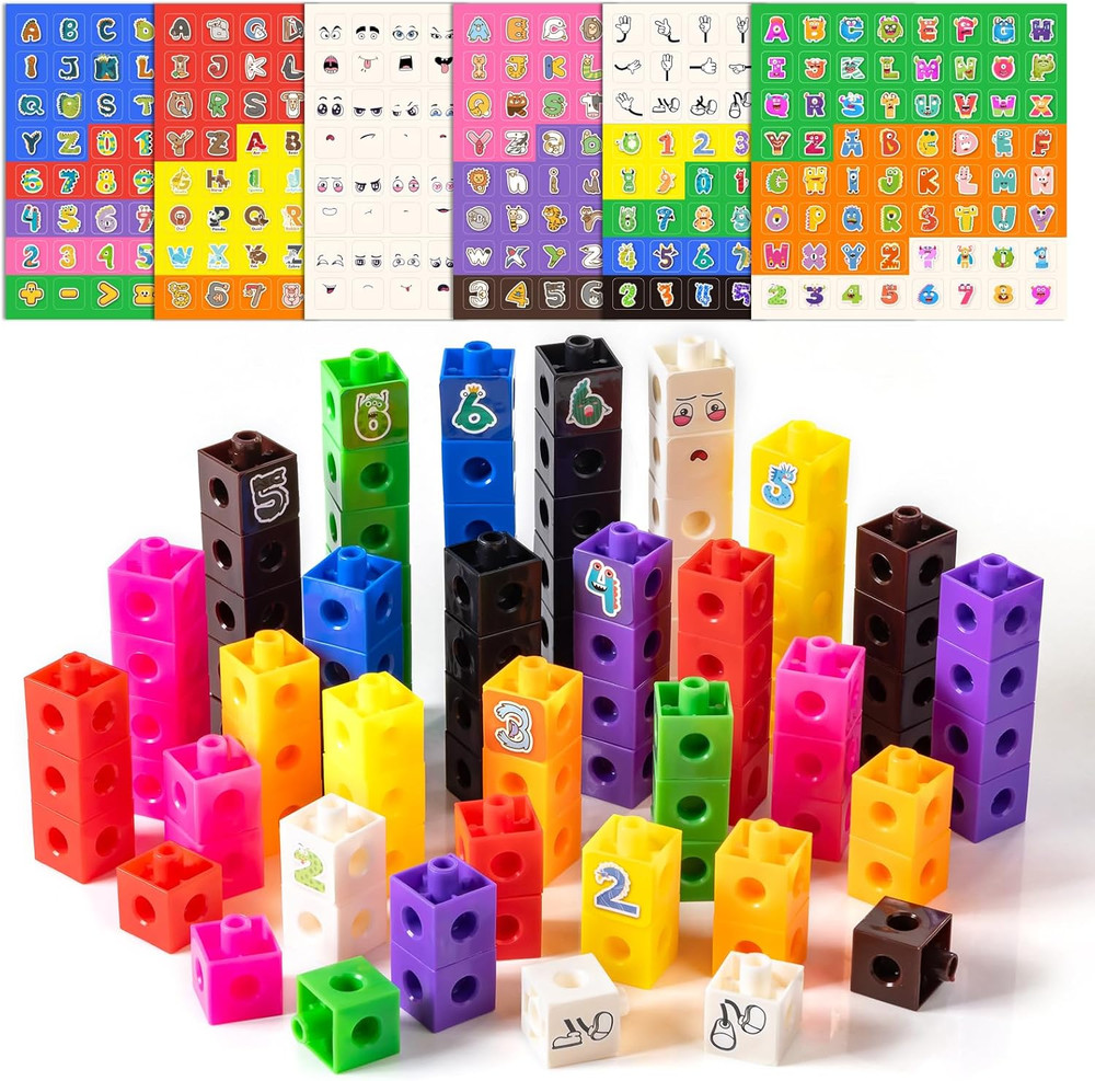 100 Pcs Math Linking Cubes with 384 Cartoon Stickers – Essential Counting Cubes
