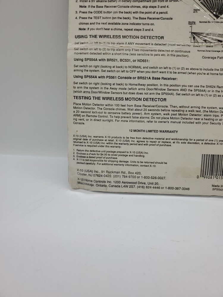 Powerhouse X-10 SP554A Home Security Wireless PIR Motion Detector