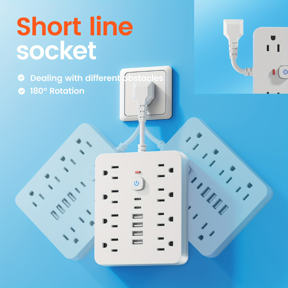 14 in 1 Power Strip Surge Protector 8 Outlets 4 USB 2 Type C Multi Plug
