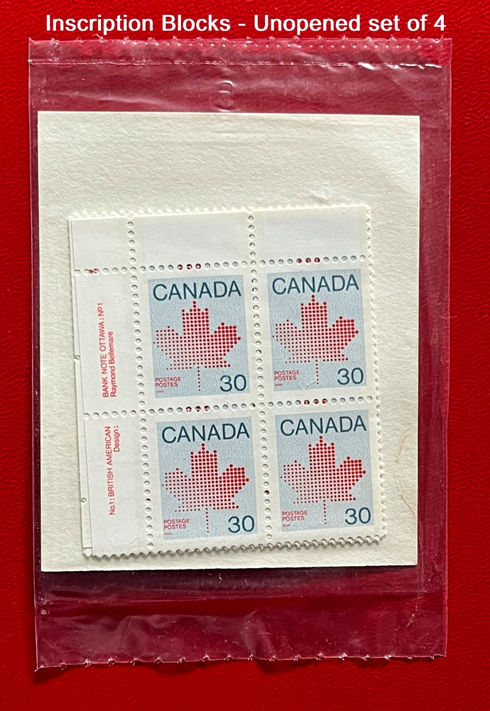 🇨🇦 *Postally Sealed* MAPLE LEAF (1982) 4 Inscription Blocks Canada Sc #923