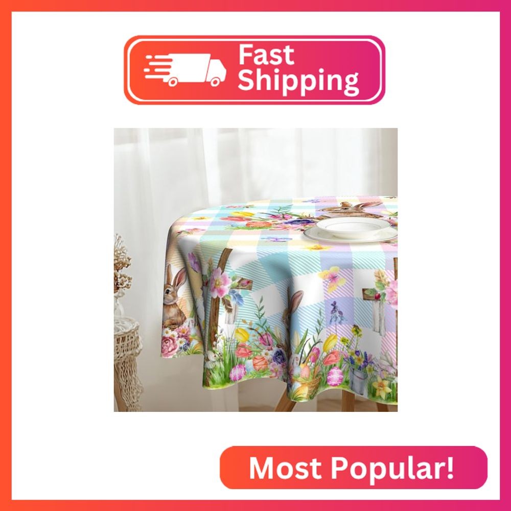 VentuCoven Easter Round Tablecloth 60 in Rabbit Circular Tablecloths for Kitchen