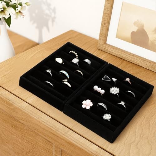 2 PCS Black Velvet Stackable Ring Organizer Tray, Earrings Display Tray