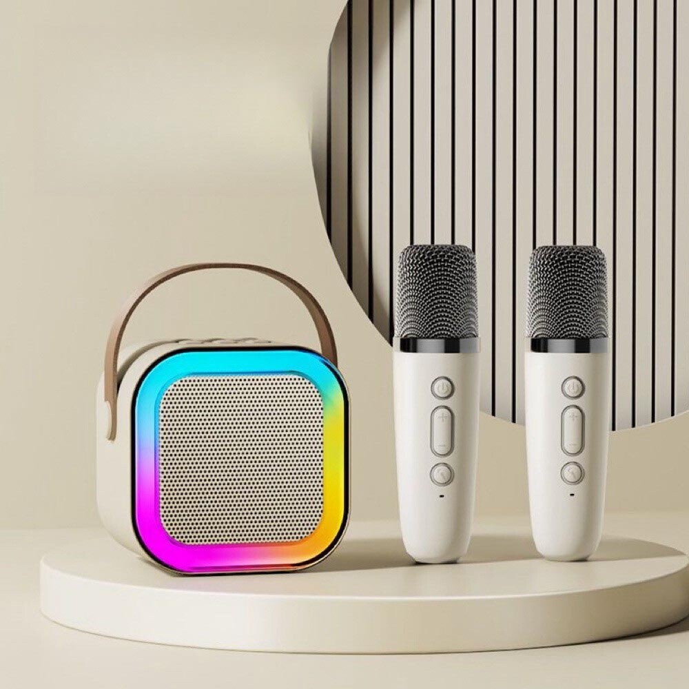 Mini Karaoke Machine Bluetooth Speaker with 2 Wireless Microphone with LED Light