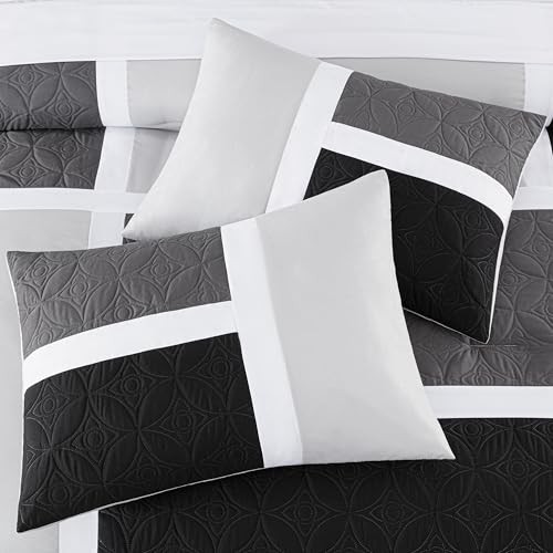 Upland 7-Piece Quilted Patchwork Comforter Set Queen Black/Gray/Light Gray