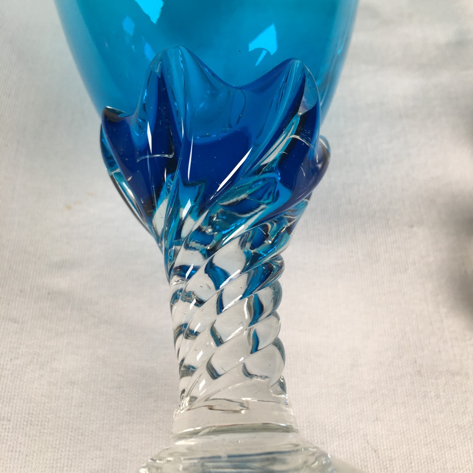 Vintage MCM Empoli Turquoise Glass Decanter w/Clear Flame Glass Stopper 20"