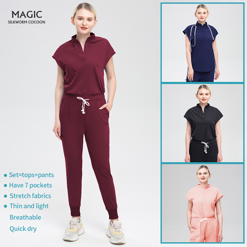 Women Scrub Sets Stretch Jogger Drawstring Pants Nurse Uniform Medical Workware