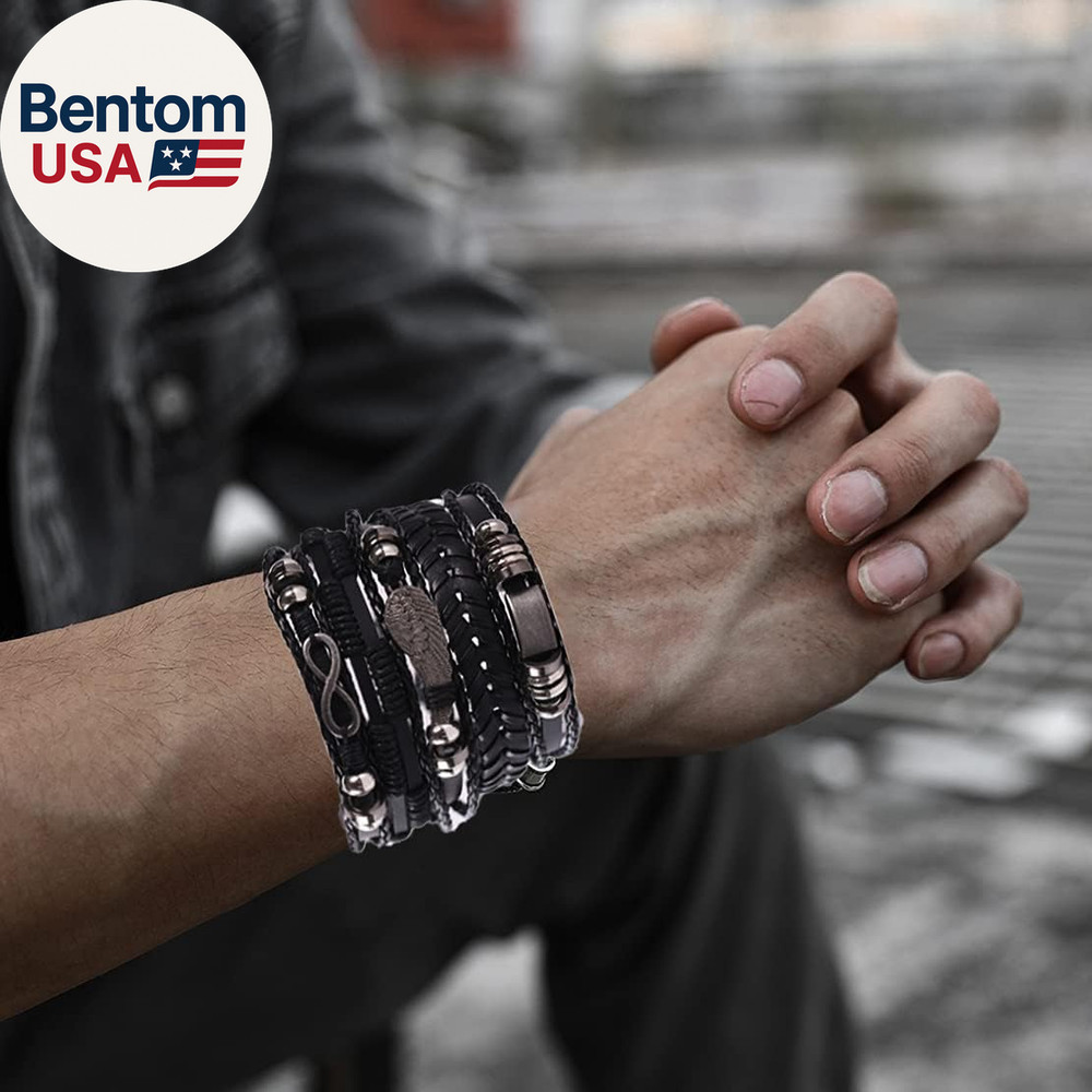 6 Pack Mens Black Leather Bracelets Set for Men Stackable Braided Cuff Bracelet