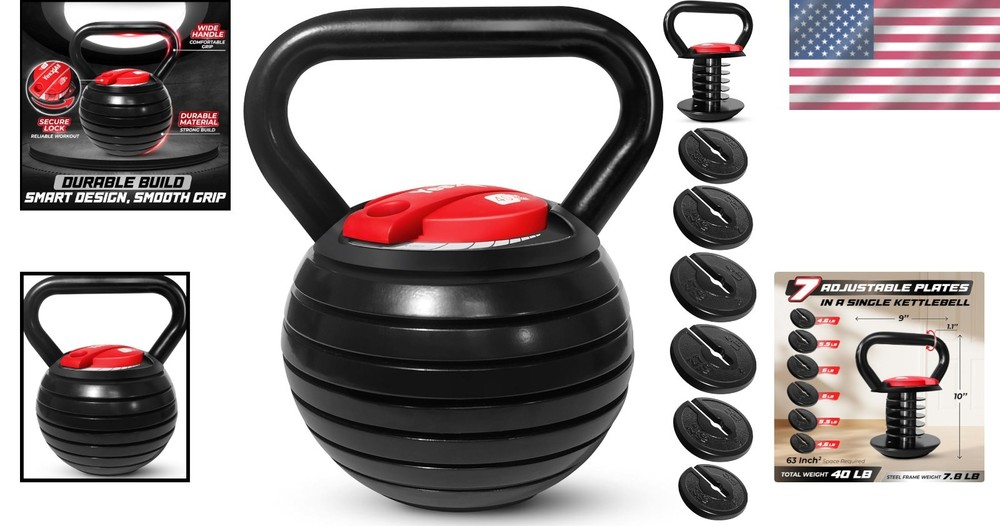 Adjustable Kettlebell Set, 20-40LB Weight, Black