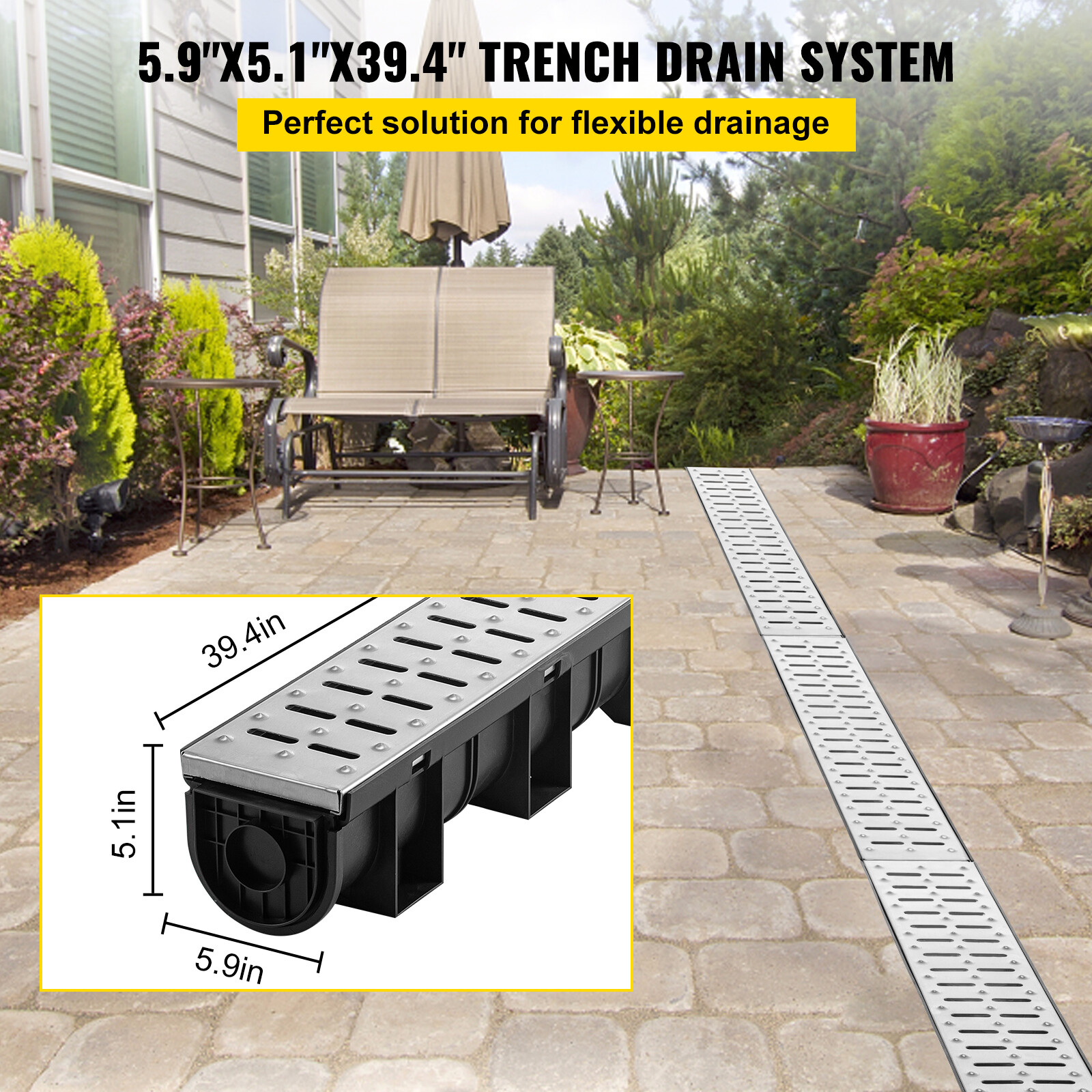 VEVOR Drainage Trench Driveway Channel Drain Kit Metal Grate-5.8"x5.2"-3 Pack