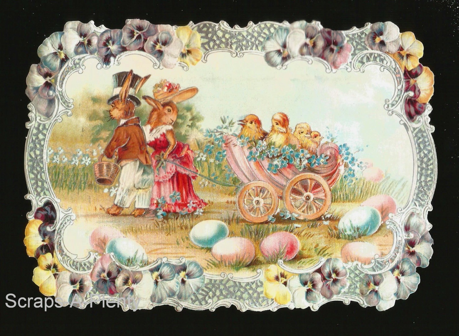 German Vintage Style Scrap Die Cut- Lrg  Easter Bunny with Stroller BK5111
